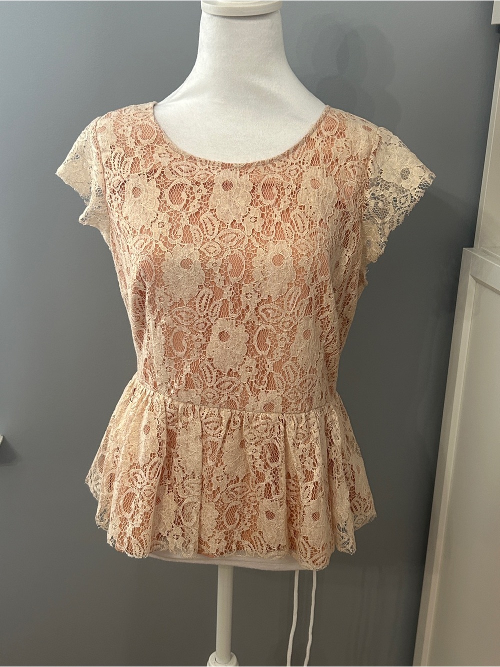 Anthropologie Maeve Katrina Nude Gold Metallic Shimmer Lace Peplum Top Med NWT